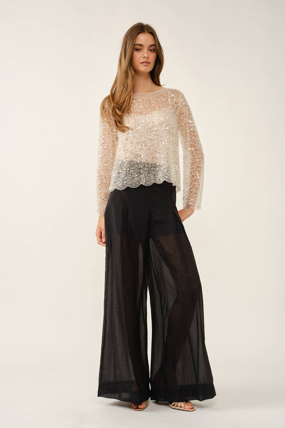 Fully Embellished Sequin & Pearl Scalloped Mesh Top