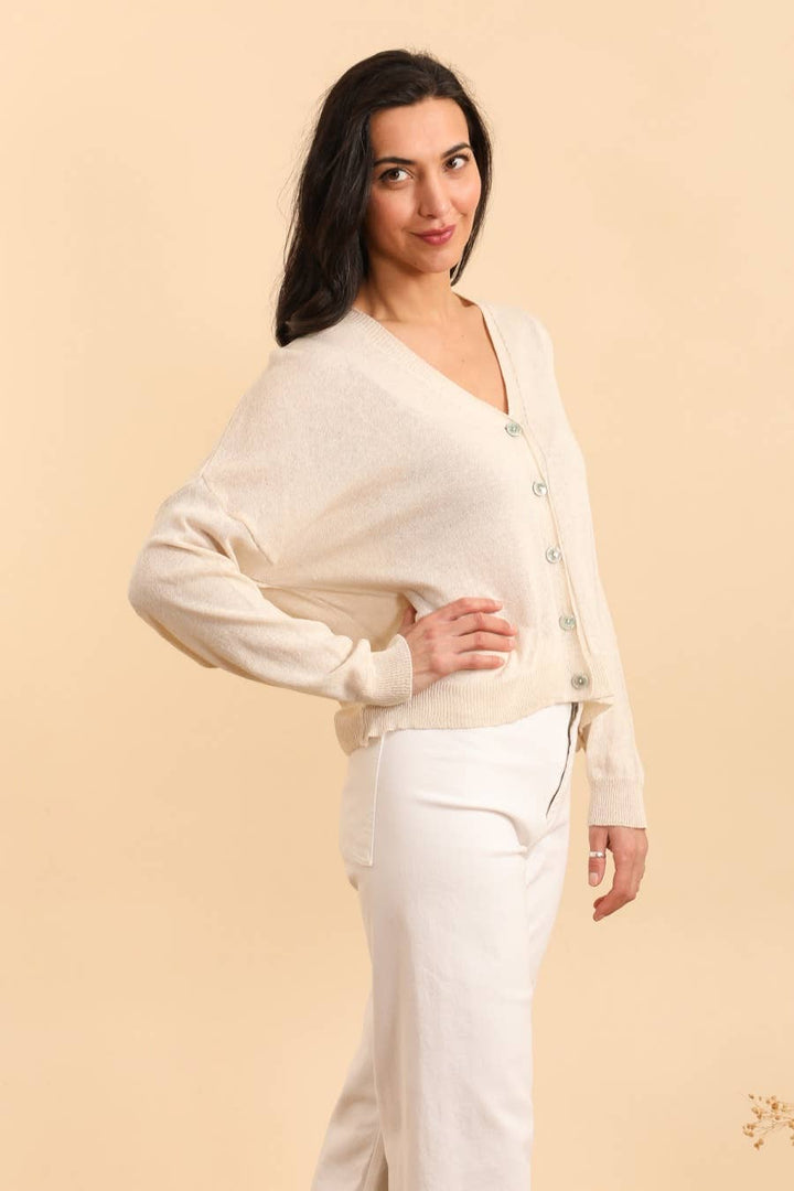 V-neck Buttoned Cardigan in 100% Cotton