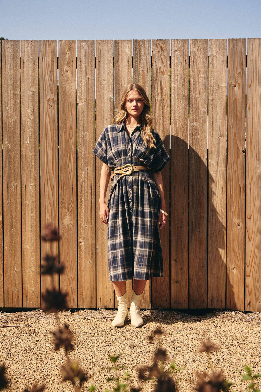 Rustic Pathway Pin-Tucked Waist Plaid Transition Dress