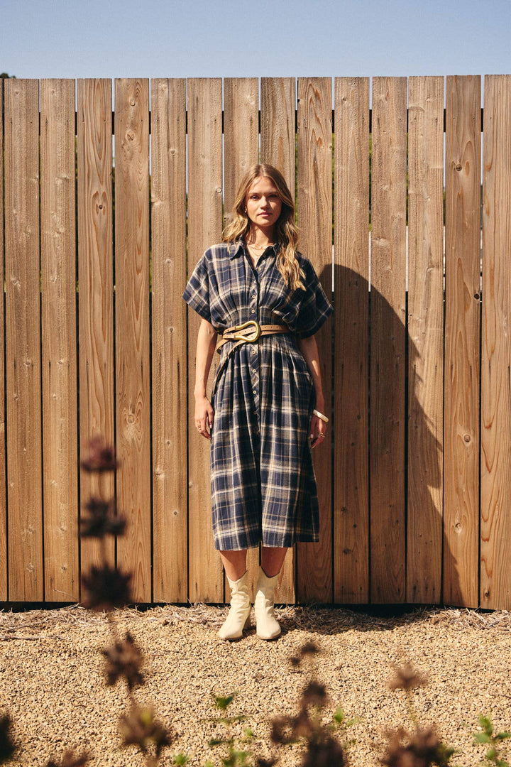 Rustic Pathway Pin-Tucked Waist Plaid Transition Dress
