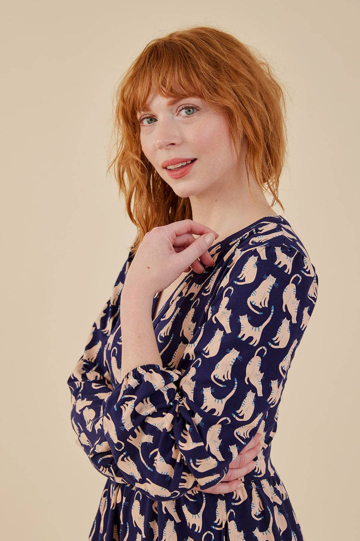 Greta Long Sleeve Dress Lounge Cats Navy