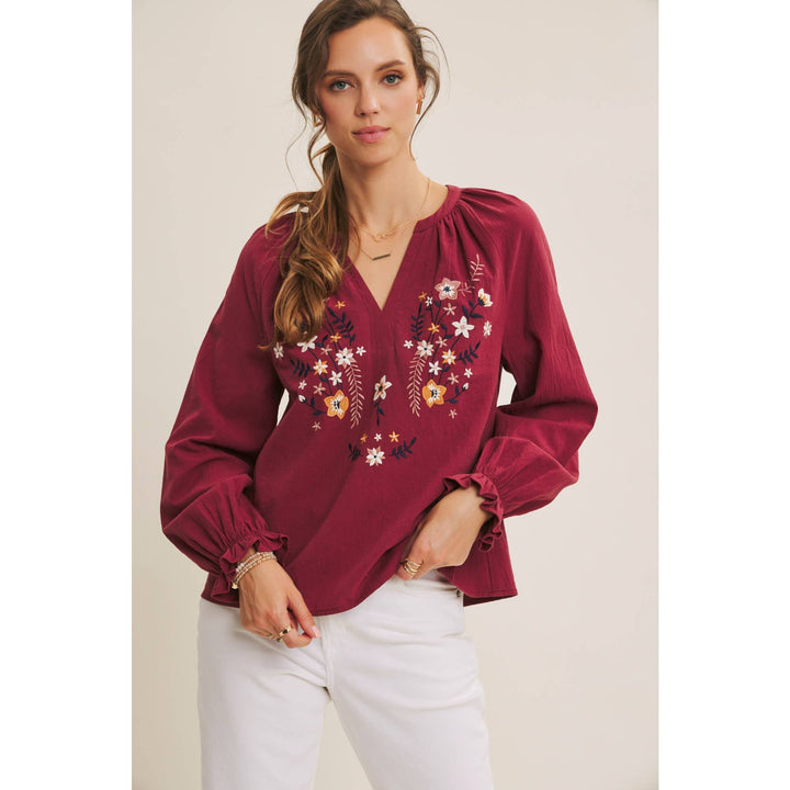 Warmth of Fall Bohemian Embroidered Flare Cotton Blouse Top