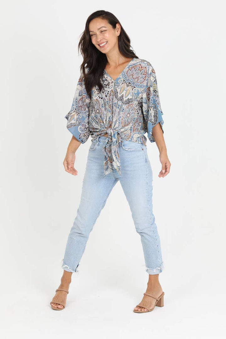 V Neck Kimono Sleeve Tie Waist Blouse