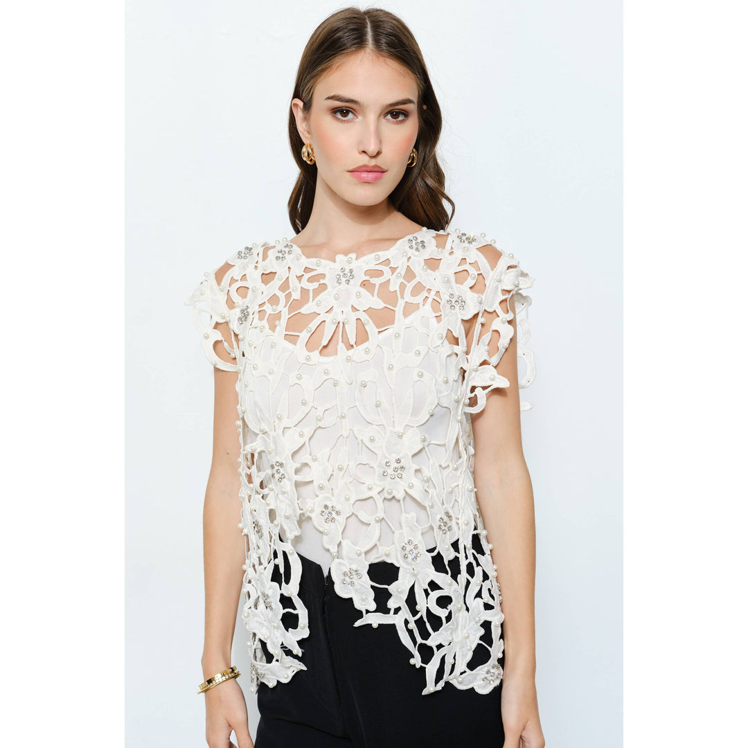 Pearl Rhinestone Embellished Lace Cutout Top