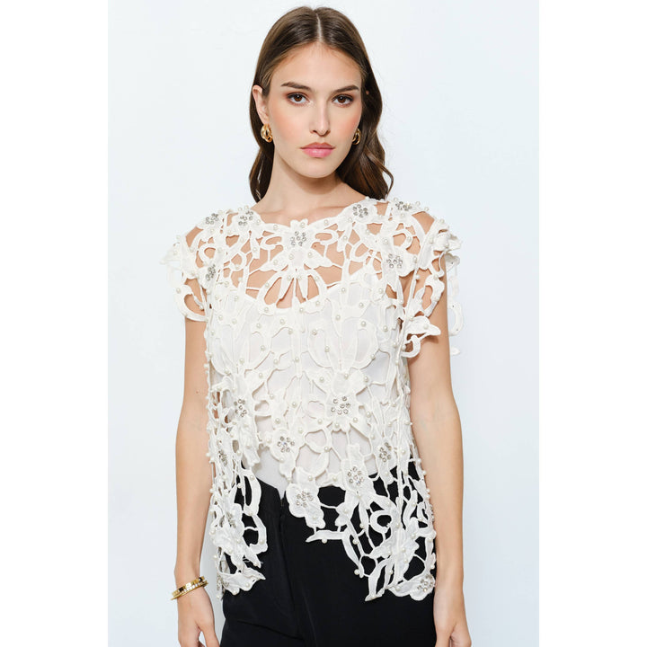 Pearl Rhinestone Embellished Lace Cutout Top