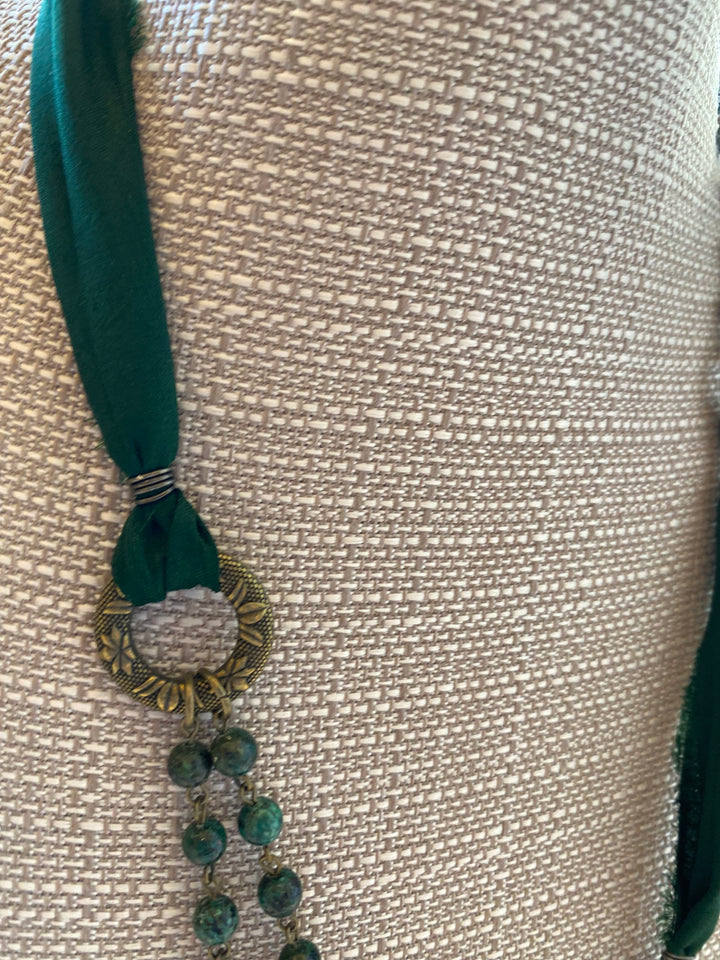 Dark Green Silk and Stone Necklace