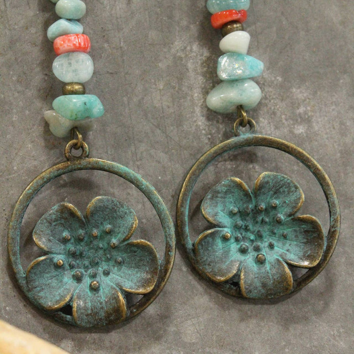 Patina Flowers With Stone Accent Earrings