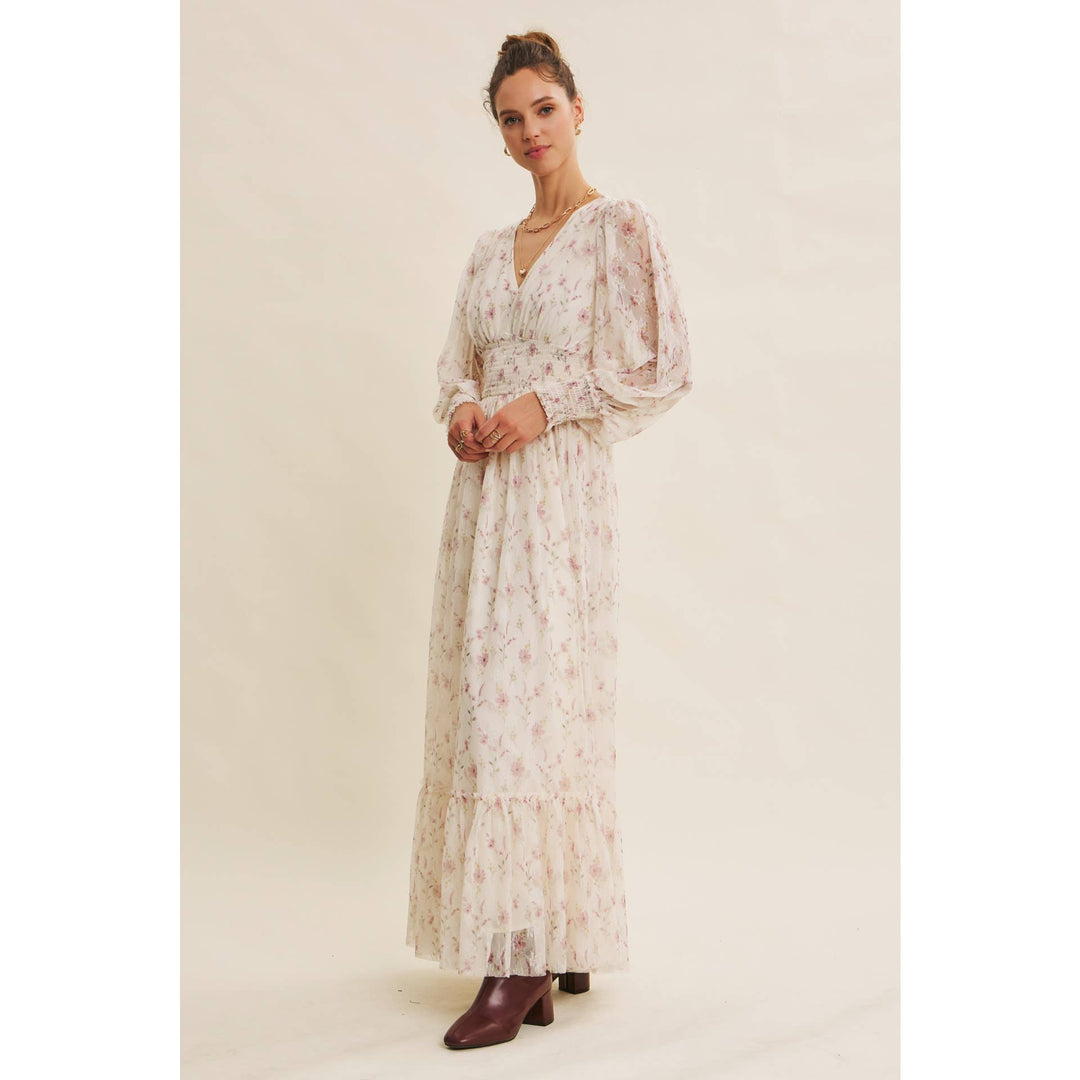Dreamy Floral Mesh Maxi Dress With Smocked Waist