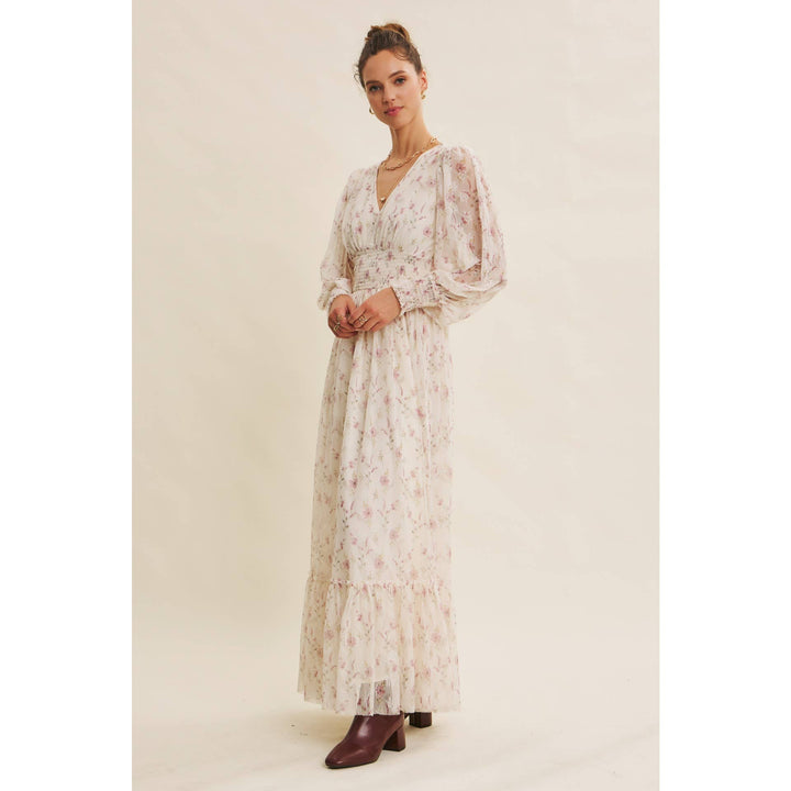 Dreamy Floral Mesh Maxi Dress With Smocked Waist