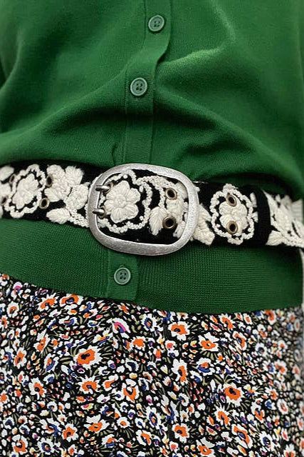 Two-Tone Embroidered Wool Belt, Black/Cream