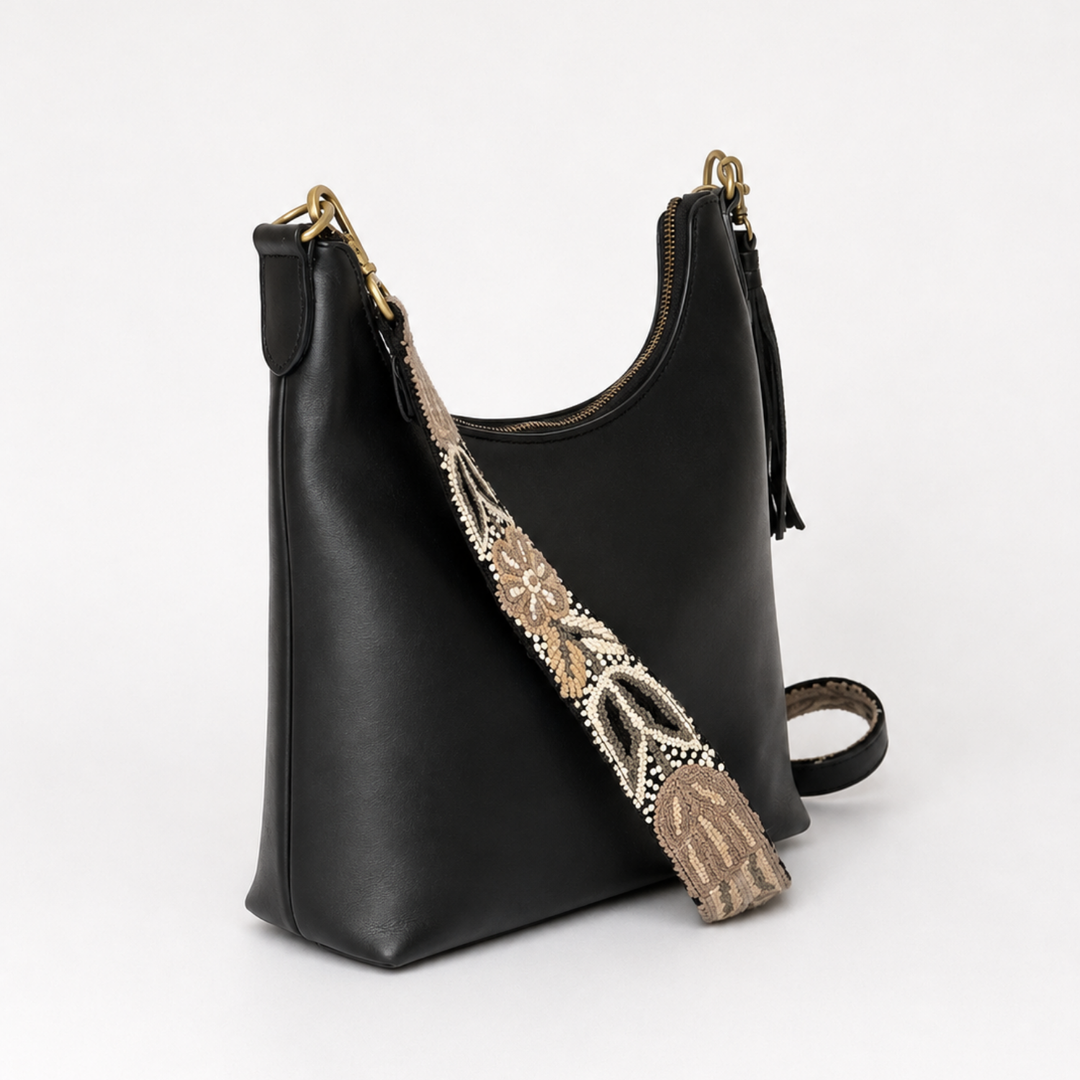 Noche Andina Boho Leather Crossbody with Embroidered Strap