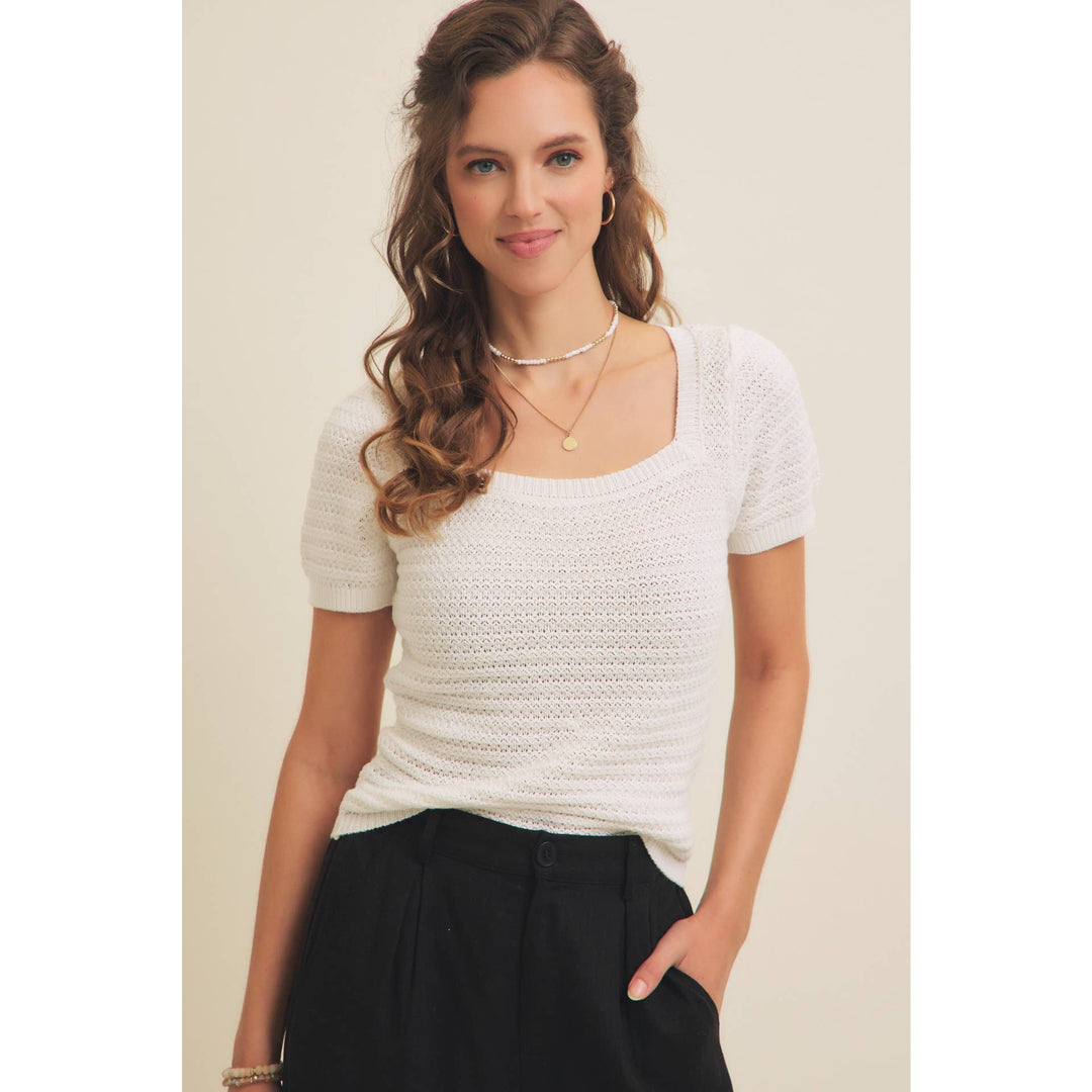 Square Neck Cotton Sweater with Special Weaving