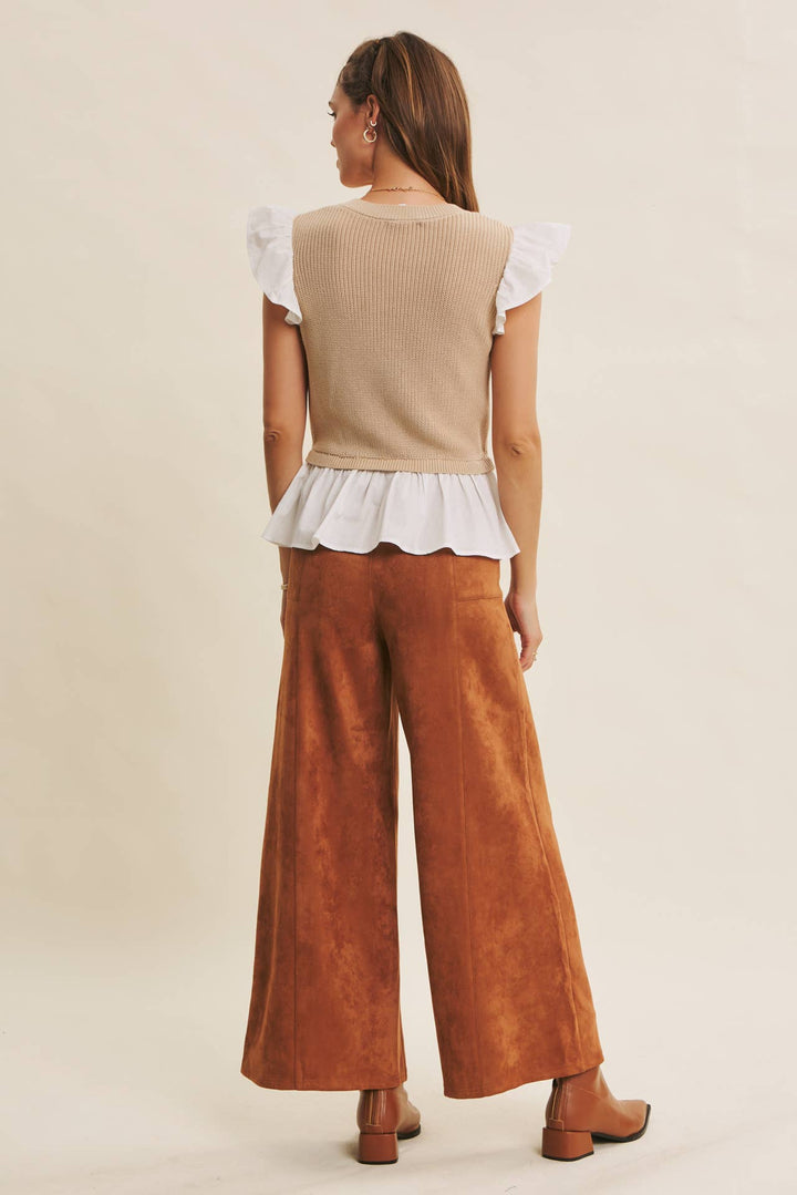 Easy to Love Embroidery Ruffle-Sleeve Mixed Sweater Top