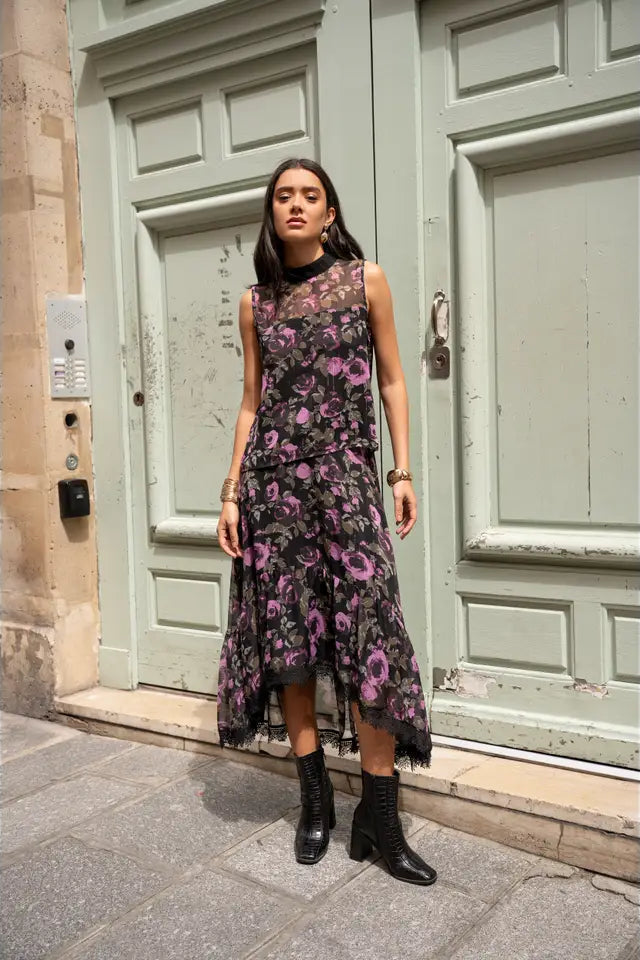 Floral Pattern Skirt with Purple Roses