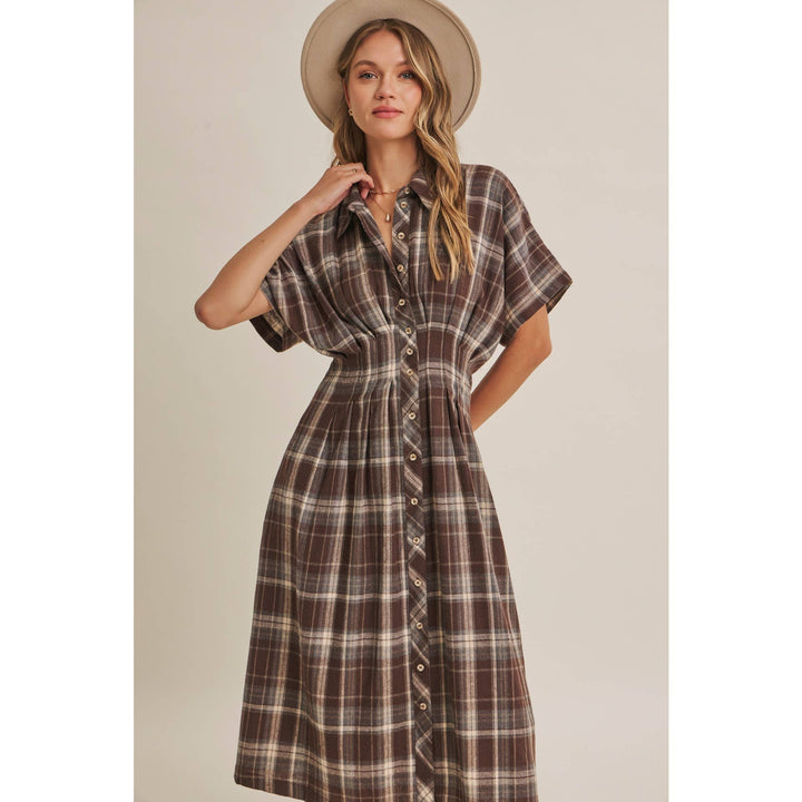 Rustic Pathway Pin-Tucked Waist Plaid Transition Dress