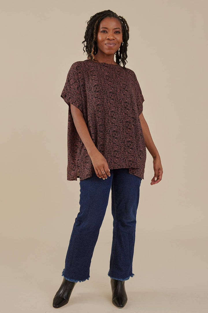 Taylor Drop Shoulder Top Mocha Scribble Modal