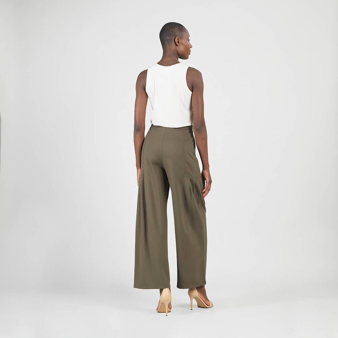 Rayon-Ponte Knit - Pleated Wide Leg Pocket Pant