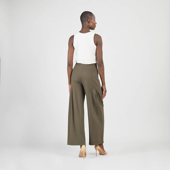 Rayon-Ponte Knit - Pleated Wide Leg Pocket Pant