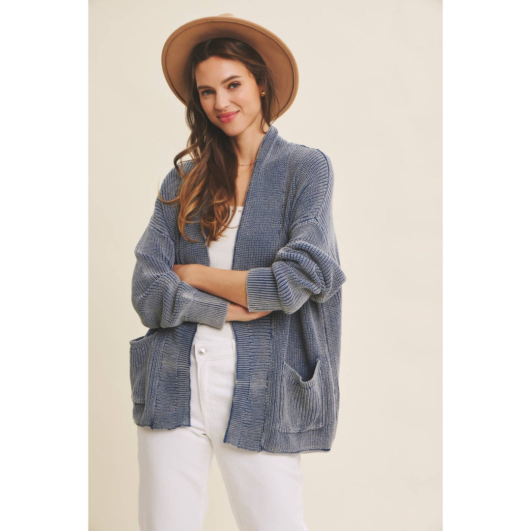 Mineral-Washed Open Front Cotton Sweater Cardigan