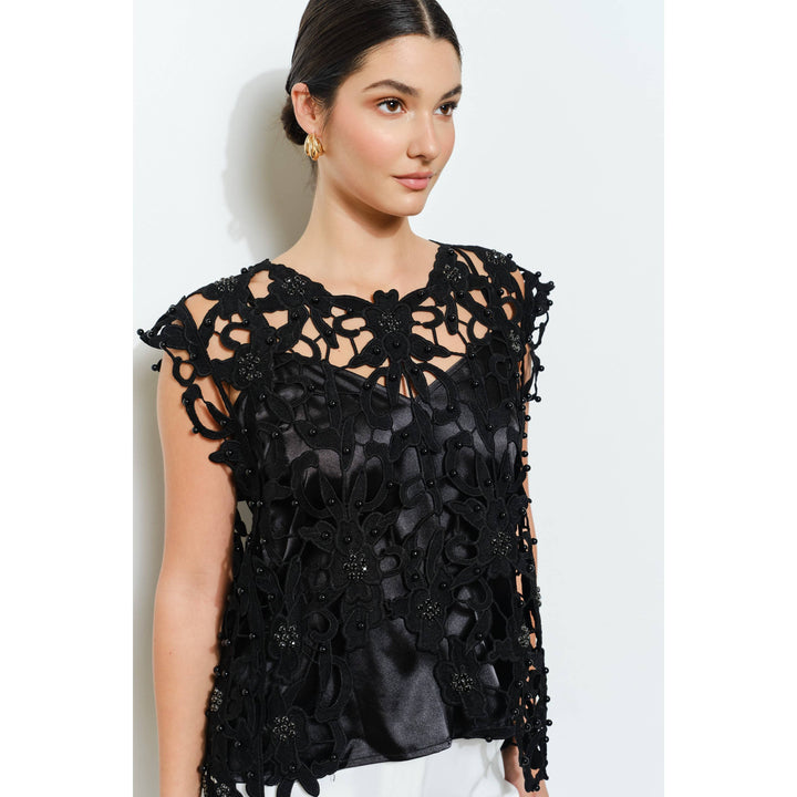 Pearl Rhinestone Embellished Lace Cutout Top