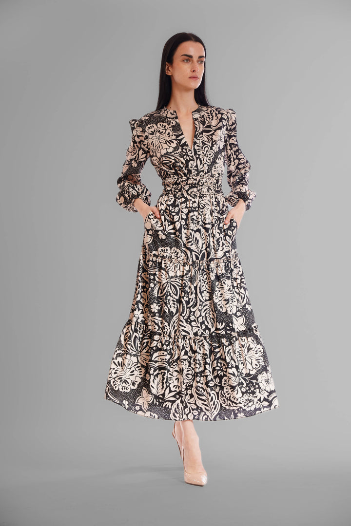 Long Sleeve V-Neck Elastic Waist Tiered Dress
