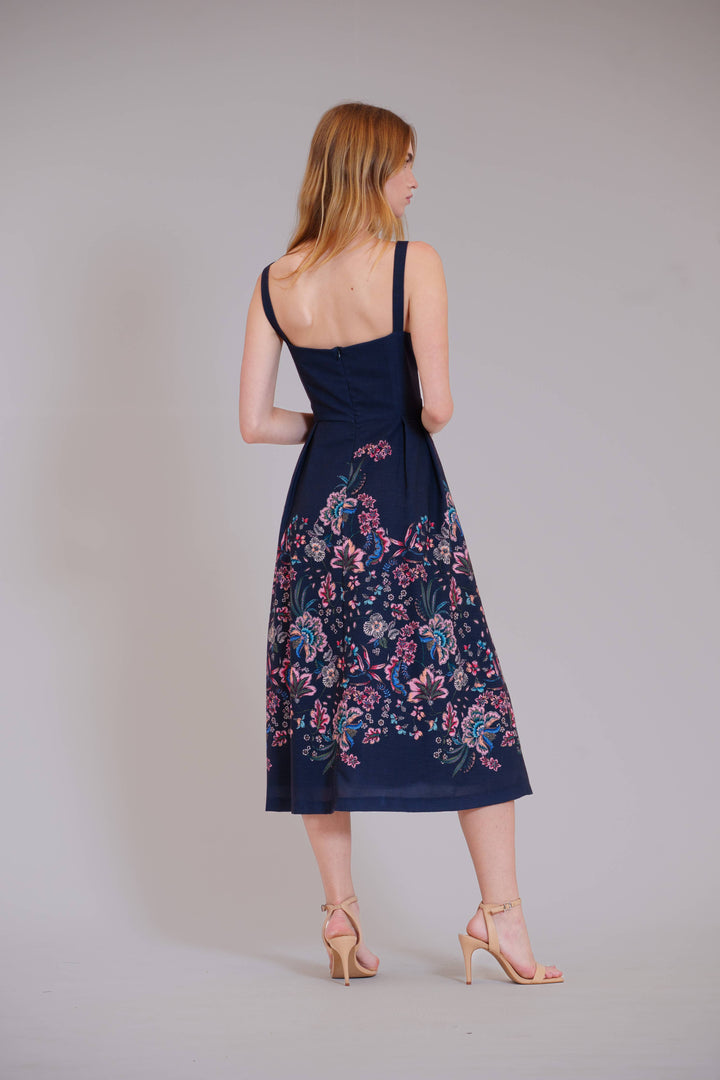 Square Neck Midi Dress w/Box Pleated Skirt