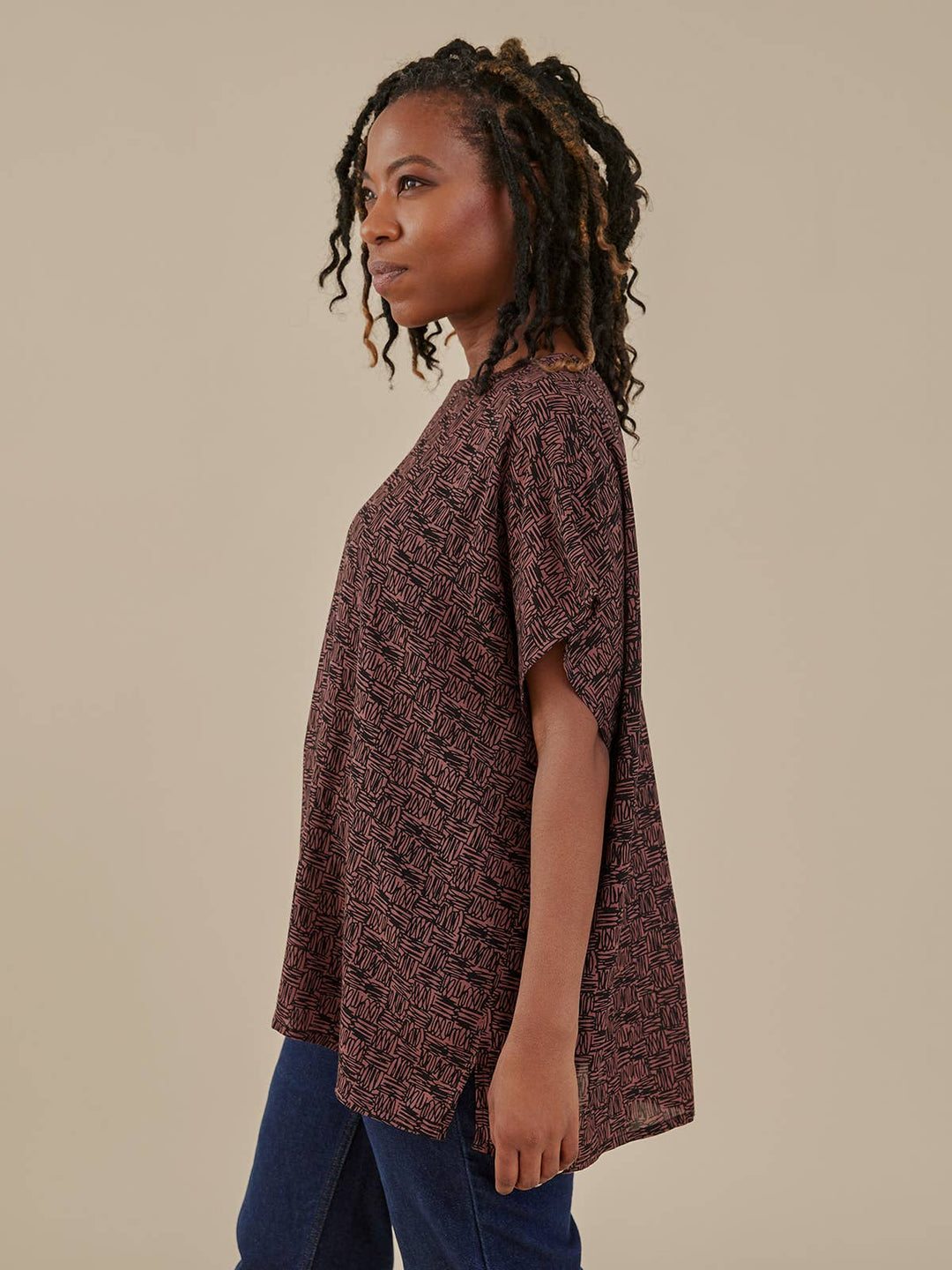 Taylor Drop Shoulder Top Mocha Scribble Modal