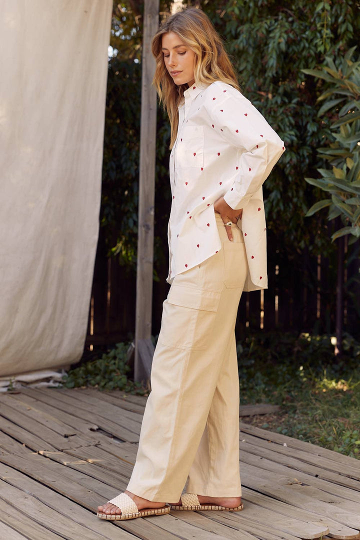 Full of Hearts Embroidery Button Down Long-Sleeved Shirt