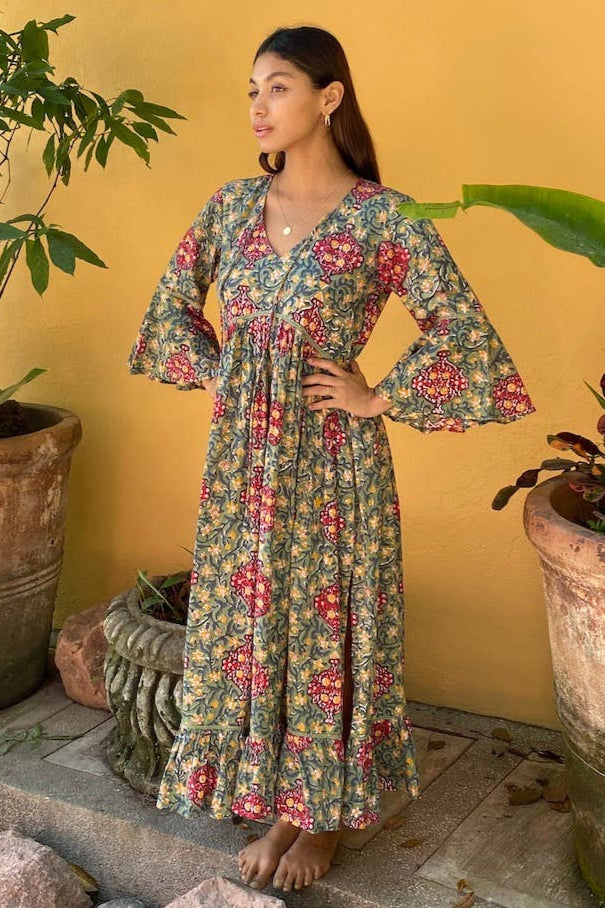 Block Printed Flare Sleeve Maxi Dress with Lace