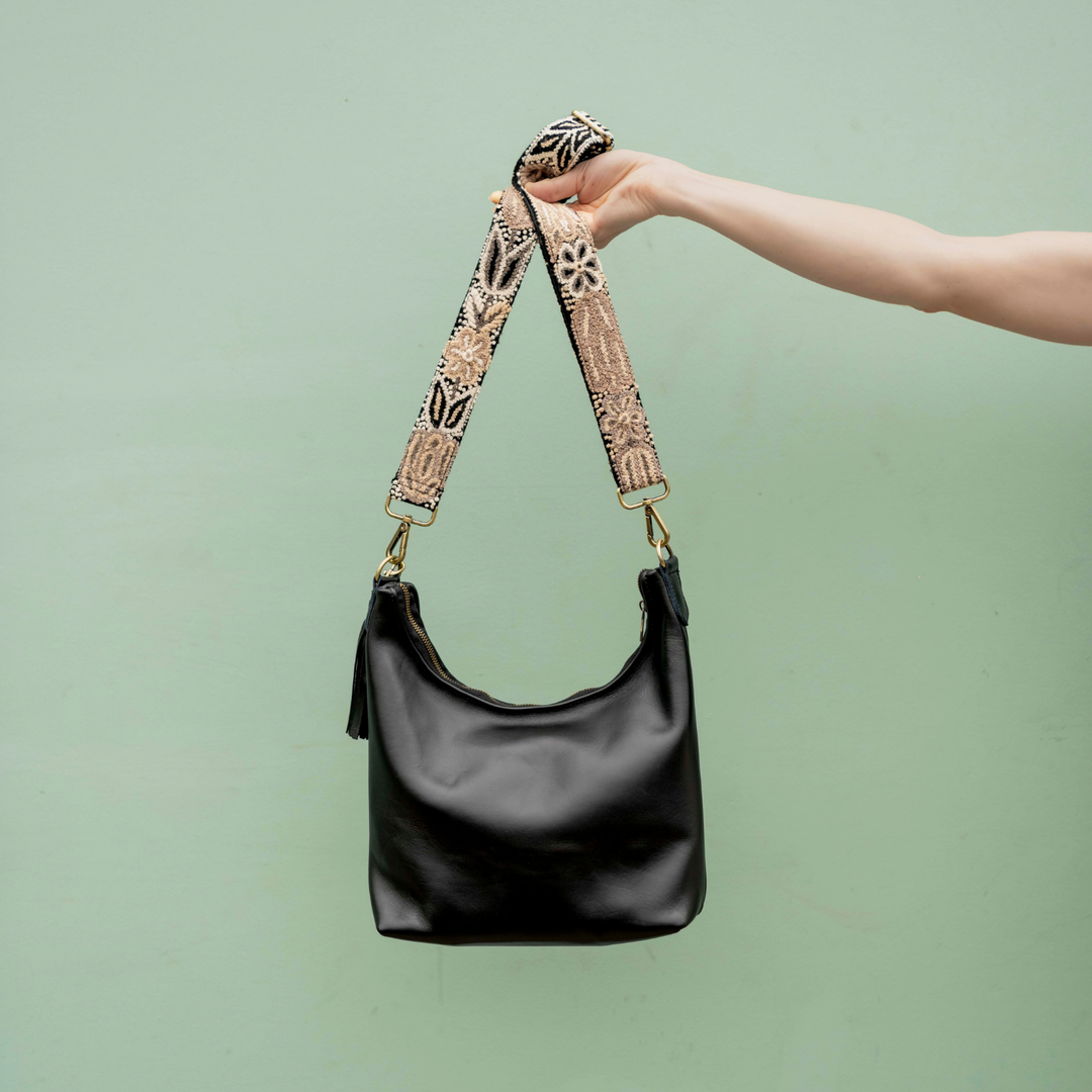 Noche Andina Boho Leather Crossbody with Embroidered Strap