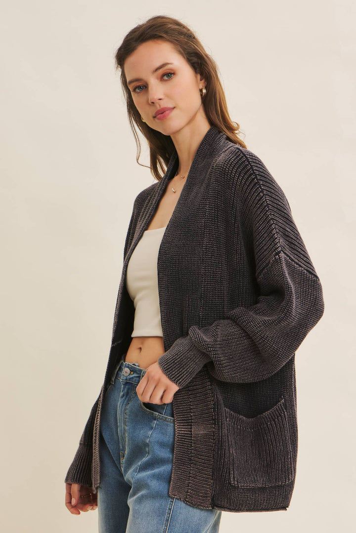 Mineral-Washed Open Front Cotton Sweater Cardigan