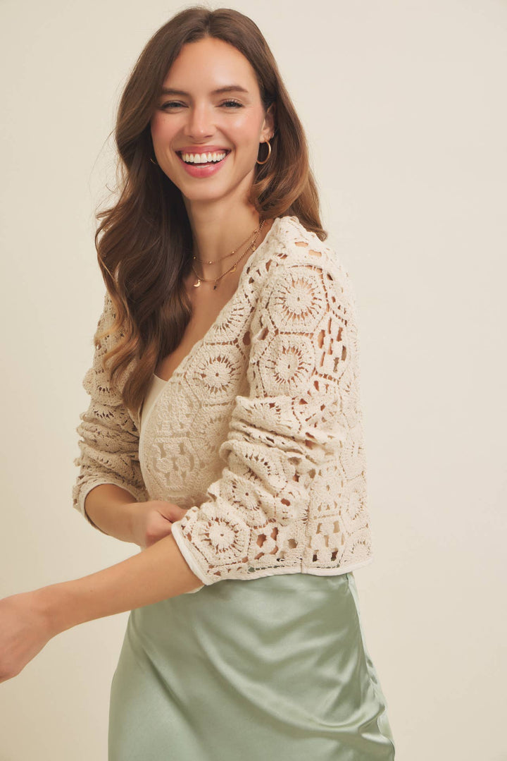 Open-Front Cotton Crochet Lightweight Cardigan