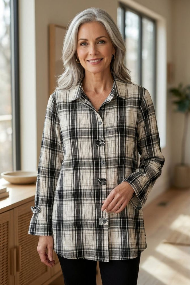 Crinkle Windowpane Tab Swing Shirt