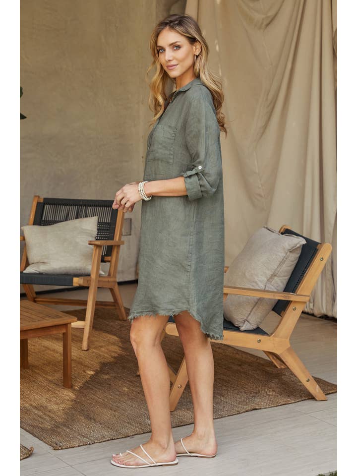 Linen Roll Tab Button Down Dress