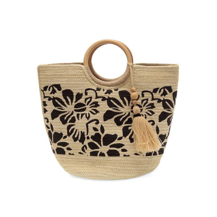 Black Painted Tropical Floral Lydia Wood Handle Jute Tote