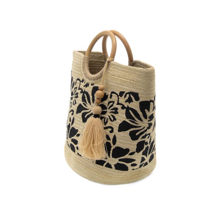 Black Painted Tropical Floral Lydia Wood Handle Jute Tote