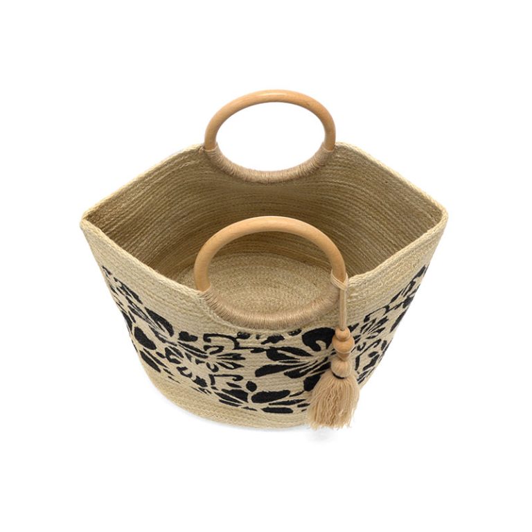 Black Painted Tropical Floral Lydia Wood Handle Jute Tote
