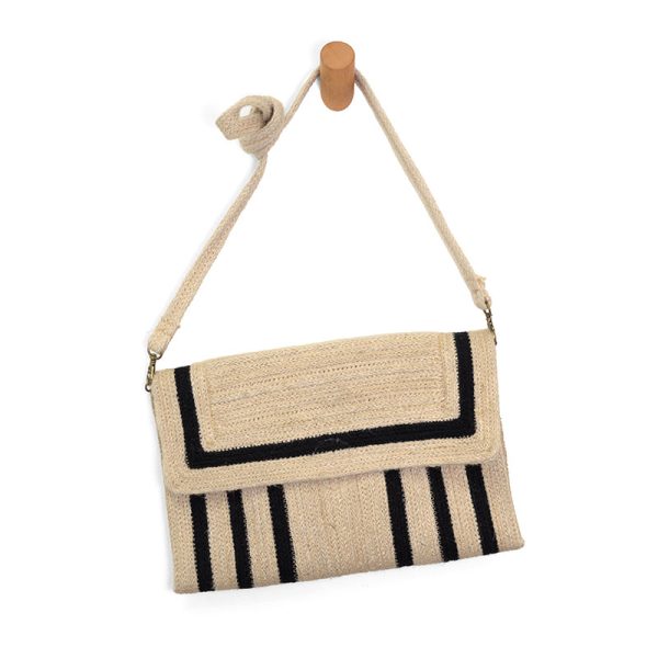 Nellie Black Geo Striped Jute Fiber Crossbody Bag