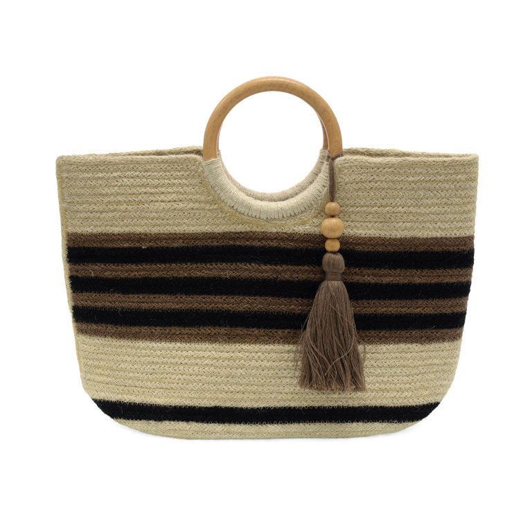 Striped Teagan Wood Handle Jute Tote with Tassel