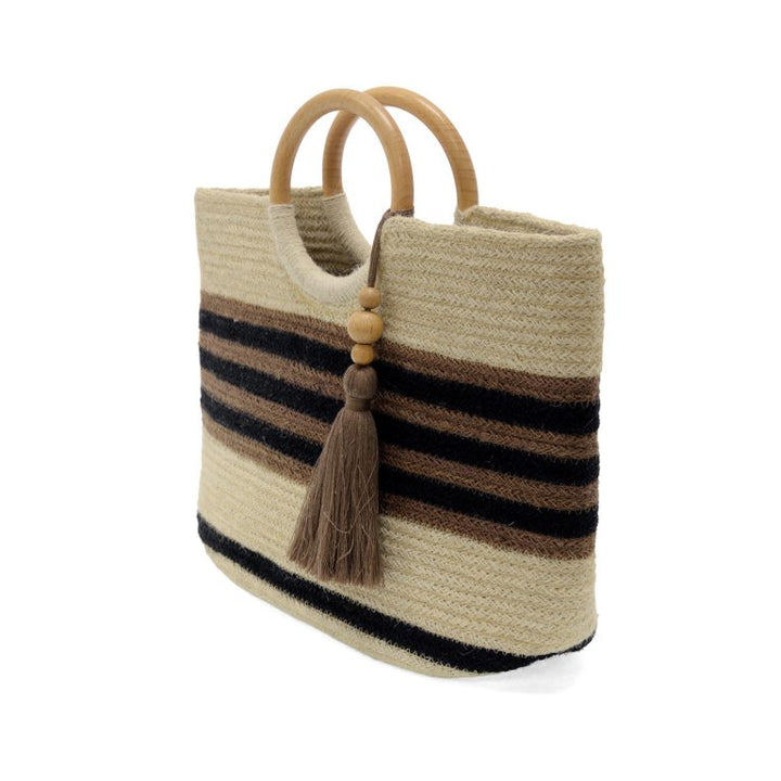 Striped Teagan Wood Handle Jute Tote with Tassel