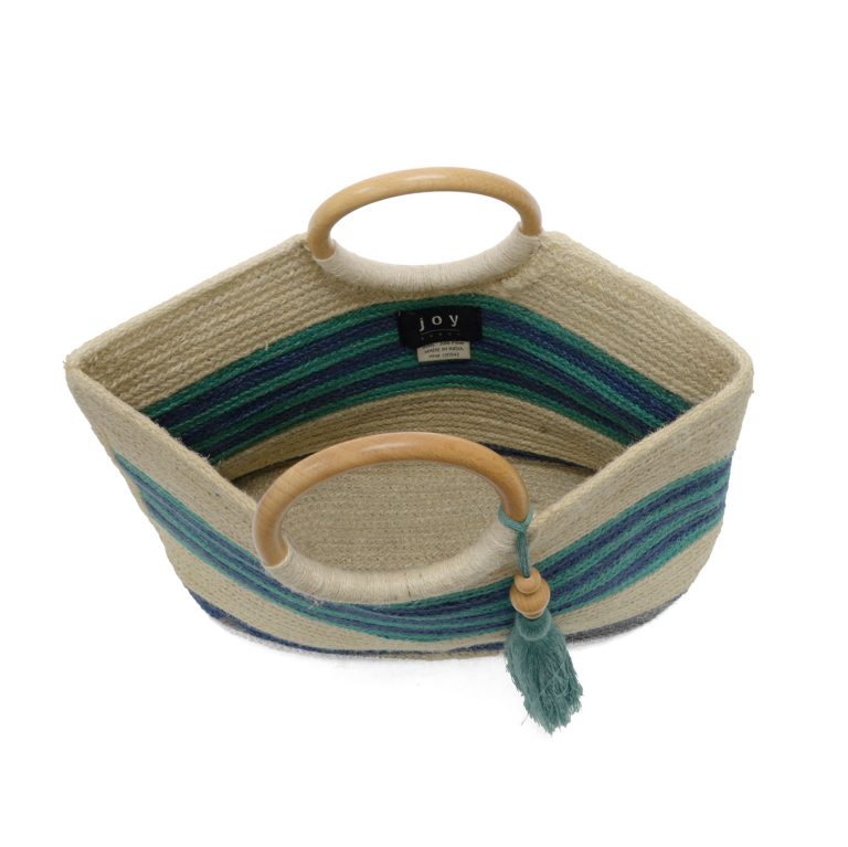 Striped Teagan Wood Handle Jute Tote with Tassel