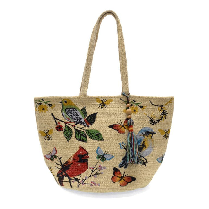 Multi Painted Birds Avis Jute Tote with Tassel