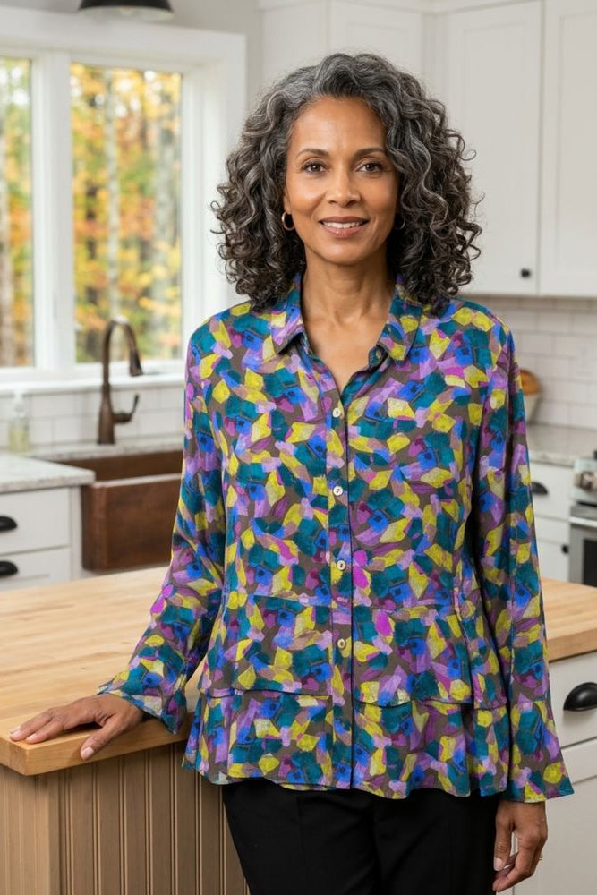 Rayon Crepe Painted Stones Flounce Shirt