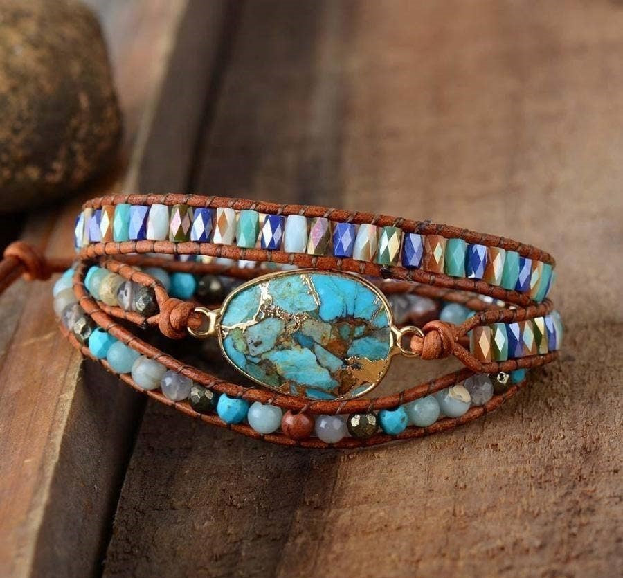 Natural Turquoise Jewel Toned Wrap Bracelet