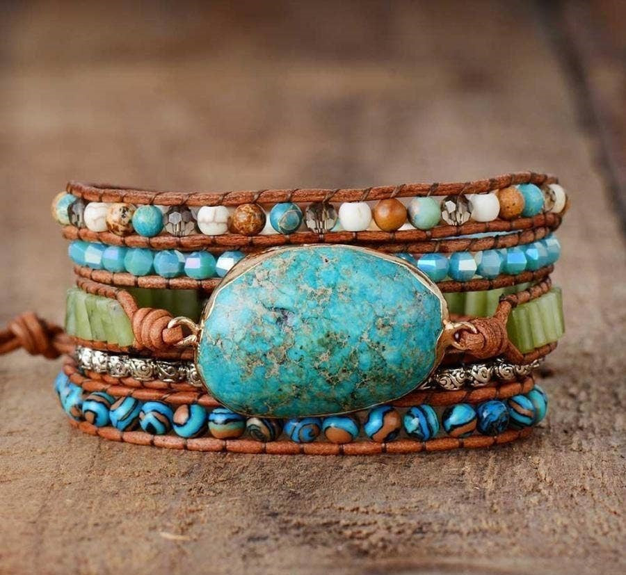 Natural Turquoise & Jasper Wrap Bracelet - Earthtones