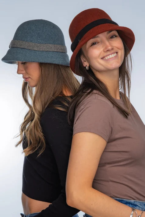 Boiled Wool Turn Brim Cloche Hat with Belt Accent