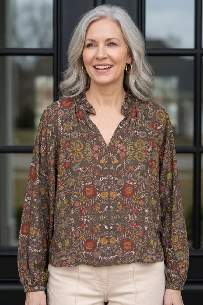 Rayon Crepe Garden Ruched Collar Shirt