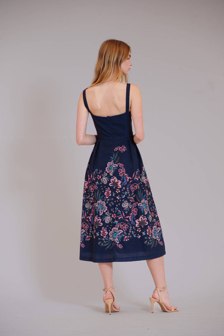 Square Neck Midi Dress w/Box Pleated Skirt
