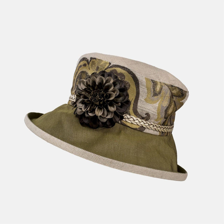 Olive and Cream Vintage Fabric Hat with Flower & Gold Plaid