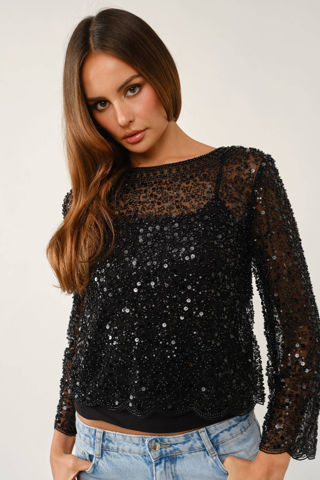Fully Embellished Sequin & Pearl Scalloped Mesh Top